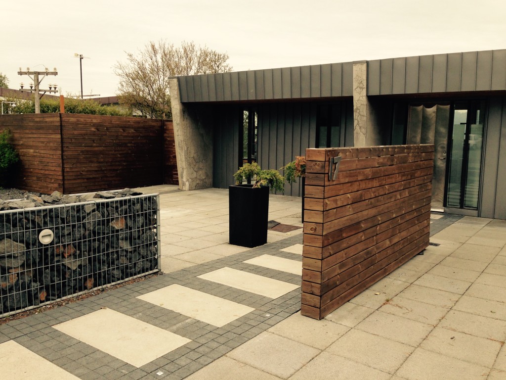 Gabion and wood in the front yard