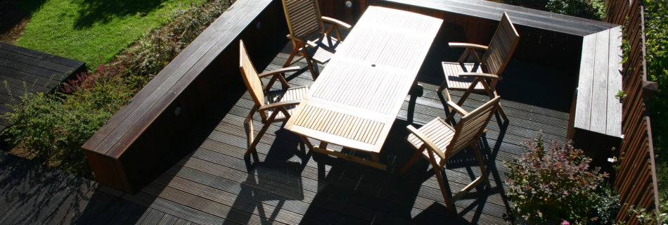 Decking enclosed by a hard wood bench